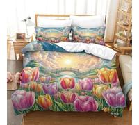 JCOUSDAEO 3 Pieces Tulip 3D Printed Comforter Cover Beautiful Flower Bedding Set Ultra Soft Microfiber Easy Care Quilt Cover Set with 2 Pillowcase Double(200x200cm)