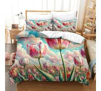 JCOUSDAEO 3 Pieces Tulip 3D Printed Comforter Cover Bedding Sets Brushed Microfibre Soft Easy Care Quilt Cover Set with 2 Pillowcase Double(200x200cm)