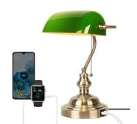 JCPYIUL Green Glass Banker Desk Lamp, Retro Table Lamps, Table Lamp with Wireless USB Charger, Bedside Lamp with Charging Function, Antique Metal Brass Pull Chain Switch