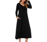 JCQIGOA Nightdress for Women UK Nighties for Women Women's Long Nightgowns Nightshirt Long Sleeve Button Down V Neck Nightdress Casual Sleepwear with Pockets，Black L