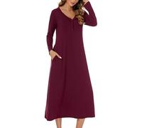 JCQIGOA Nightdress for Women UK Nighties for Women Women's Long Nightgowns Nightshirt Long Sleeve Button Down V Neck Nightdress Casual Sleepwear with Pockets，Deep red M