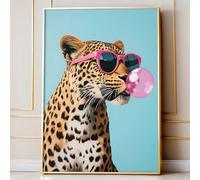 JCSMHVLA Funky Pink Bubble Gum Animal Wall Art Prints Leopard Painting Animal Portrait Poster for Room Funny Aesthetic Preppy Leopard Posters 16x24in Frameless