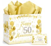 JCTHKUKU 50th Anniversary Paper Gift Bag with Tissue Paper and Greeting Card, White Gold Gift Wrapping Bag for Golden Wedding Anniversary Party and Celebration