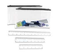 JCUQGDOO Clear Pencil Case Set, 2 Pack 32cm Transparent Pencil Pouch for School, Exams, Office, Stationery Organiser for Easy Identification, with 3 Piece Ruler Bundle (15/20/30cm)