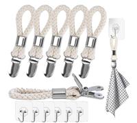 JCUQGDOO Tea Towels Clip, 6 Pack Hanging Metal Kitchen Towels Clips with Loop Cloth Hook Clip Hangers, Cotton Rope Loop Tea Storage Clips for Home Kitchen Bathroom Cupboards Cloth,with 6pcs Hook