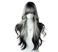 JCVBN Long Black And White Curly Waves Synthetic Hair Wig Soft Comfortable Rose Net for Everyday Parties Holidays