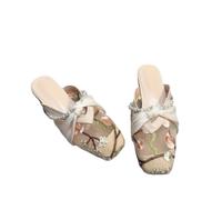 JCVBN Women's Embroidered Flat Mules， Closed Toe Slide Sandals with Pearl Bow Decor for Summer Casual， Floral Print Slippers for Dressy Office
