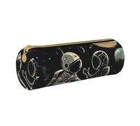 JCVOTREL Astronaut and Alien Printed Leather Pencil Case - Round Stationery Bag Pen Pouch Holder with Zipper for School Travel Office
