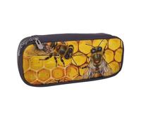 JCVOTREL Bee On Honeycomb Printed Leather Pencil Case Pen Pouch Holder with Zipper for School Travel Office