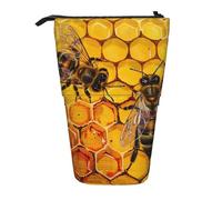 JCVOTREL Bee On Honeycomb Printed Pen Pencil Case - Expandable Stationery Bag Pencil Pouch Holder with Zipper for School Travel Office