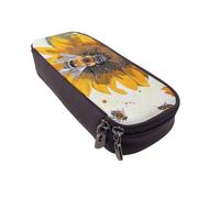 JCVOTREL Bee On Sunflower Printed Pencil Case Leather Flip Stationery Bag Pen Pouch Holder with Zipper for School Travel Office