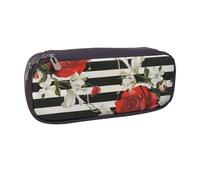 JCVOTREL Black White Stripes Red Rose Flowers Printed Leather Pencil Case Pen Pouch Holder with Zipper for School Travel Office