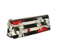 JCVOTREL Black White Stripes Red Rose Flowers Printed Leather Pencil Case - Triangle Stationery Bag Pen Pouch Holder with Zipper for School Travel Office