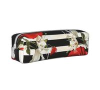 JCVOTREL Black White Stripes Red Rose Flowers Printed Pencil Case - Leather Stationery Bag Pen Pouch Holder with Zipper for School Travel Office