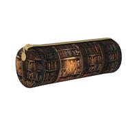 JCVOTREL Book Room Mysterious Library Printed Leather Pencil Case - Round Stationery Bag Pen Pouch Holder with Zipper for School Travel Office