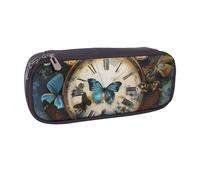 JCVOTREL Butterfly Clocks Printed Leather Pencil Case Pen Pouch Holder with Zipper for School Travel Office