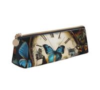 JCVOTREL Butterfly Clocks Printed Leather Pencil Case - Triangle Stationery Bag Pen Pouch Holder with Zipper for School Travel Office