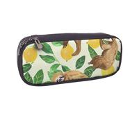 JCVOTREL Cute Sloths On Yellow Lemons Printed Leather Pencil Case Pen Pouch Holder with Zipper for School Travel Office