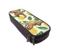 JCVOTREL Cute Sloths On Yellow Lemons Printed Pencil Case Leather Flip Stationery Bag Pen Pouch Holder with Zipper for School Travel Office