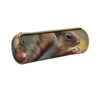 JCVOTREL Cute Squirrel Printed Leather Pencil Case - Round Stationery Bag Pen Pouch Holder with Zipper for School Travel Office
