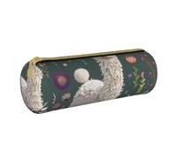 JCVOTREL Flower Alpaca Printed Leather Pencil Case - Round Stationery Bag Pen Pouch Holder with Zipper for School Travel Office