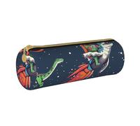 JCVOTREL Funny Astronaut Cute Dinosaur Rocket Printed Leather Pencil Case - Round Stationery Bag Pen Pouch Holder with Zipper for School Travel Office