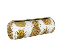 JCVOTREL Gold Glitter Pineapples Fruit Printed Leather Pencil Case - Round Stationery Bag Pen Pouch Holder with Zipper for School Travel Office