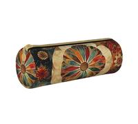 JCVOTREL Old Medallion Pattern Printed Leather Pencil Case - Round Stationery Bag Pen Pouch Holder with Zipper for School Travel Office