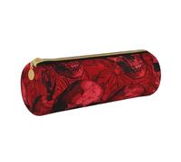 JCVOTREL Red Skulls Printed Leather Pencil Case - Round Stationery Bag Pen Pouch Holder with Zipper for School Travel Office