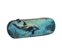 JCVOTREL Sea Dolphin Printed Leather Pen Pencil Case - Stationery Bag Pencil Pouch Holder with Zipper for School Travel Office