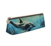 JCVOTREL Sea Dolphin Printed Leather Pencil Case - Triangle Stationery Bag Pen Pouch Holder with Zipper for School Travel Office