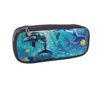 JCVOTREL Sea Underwater Dolphin Fish Printed Leather Pencil Case Pen Pouch Holder with Zipper for School Travel Office