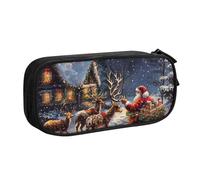 JCVOTREL Snow Night Santa and Deer Printed Pencil Case - Large-Capacity Stationery Bag Pen Pouch Holder with Zipper for School Travel Office, One Size
