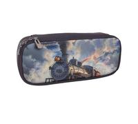 JCVOTREL Steam Train Clouds Printed Leather Pencil Case Pen Pouch Holder with Zipper for School Travel Office