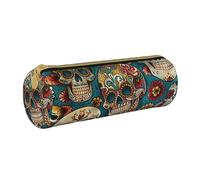 JCVOTREL Sugar Skulls Print Printed Leather Pencil Case - Round Stationery Bag Pen Pouch Holder with Zipper for School Travel Office