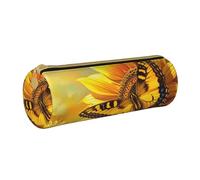 JCVOTREL Sunflower Butterfly Sunny Printed Leather Pencil Case - Round Stationery Bag Pen Pouch Holder with Zipper for School Travel Office