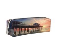 JCVOTREL Sunset at The Beach Bridge Printed Pencil Case - Leather Stationery Bag Pen Pouch Holder with Zipper for School Travel Office