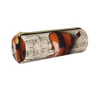 JCVOTREL Violin Sheet Music Printed Leather Pencil Case - Round Stationery Bag Pen Pouch Holder with Zipper for School Travel Office