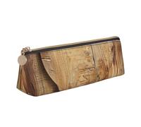JCVOTREL Wood Heart Printed Leather Pencil Case - Triangle Stationery Bag Pen Pouch Holder with Zipper for School Travel Office