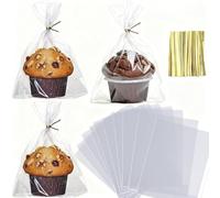 JCXGRVC 100 Pack 6"x7"x2.4" Cellophane Muffin Packaging with Gold Twist Ties Pro Grade Flat Bottom Design for Macarons Cupcakes Chocolate Treats Cookies Strawberries Reusable Resealable Bakery Bag