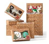 JCXGRVC 12PCS 7x4.3x1.5 Rustic Kraft Christmas Window Favor Cookie Boxes | 3 Assorted Vintage Printed Cardboard Boxes for Macaron, Chocolate Strawberry & Premium Holiday Candy Gift Exchange