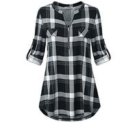 JCZHWQU Women's Zip Up V Neck 3/4 Rolled Sleeve Casual Tunic Shirt, Plaid Black, XXL