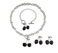 JczR.Y Cherry Necklace and Earrings Red Black Cherry Dangle Earrings Silver Toggle Clasp Necklace Chunky Chain Toggle Bracelet Link for Women Cute Fruit Gift Jewelry Set, Zinc, No Gemstone