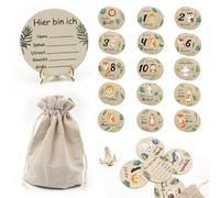 JDBlissful 15PCS Wooden Baby Milestone Cards, German, Wooden Baby Announcement Sign, Baby Monthly Milestone Cards Sign, Milestone Baby Cards for New Parents, for Boy or Girl Growth Recording