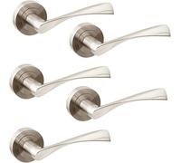 Jdel Set of 5 Interior Door Handles for Passage Door with 50mm Rosette Aluminium Satin Nickel