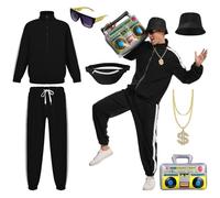 JDFAIJEAL Hip-Hop Costume Set for Men,90s Party Outfit，Halloween, Cosplay | Includes jacket,pants,hat,sunglasses,necklace,fanny pack & inflatable boombox.Perfect for Halloween & Cosplay.90s party kit