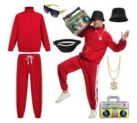 JDFAIJEAL Hip-Hop Costume Set for Men,90s Party Outfit，Halloween, Cosplay | Includes jacket,pants,hat,sunglasses,necklace,fanny pack & inflatable boombox.Perfect for Halloween & Cosplay.90s party kit