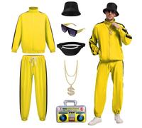 JDFAIJEAL Hip-Hop Costume Set for Men,90s Party Outfit，Halloween, Cosplay | Includes jacket,pants,hat,sunglasses,necklace,fanny pack & inflatable boombox.Perfect for Halloween & Cosplay.90s party kit