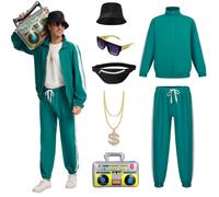 JDFAIJEAL Hip-Hop Costume Set for Men,90s Party Outfit，Halloween, Cosplay | Includes jacket,pants,hat,sunglasses,necklace,fanny pack & inflatable boombox.Perfect for Halloween & Cosplay.90s party kit