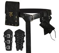 JDFAIJEAL Medieval Knight Accessories Kit - 4PCS PU Leather Belt, Arm Bracers, Rectangular Pouch & Sword Frog Set for Men & Women (Viking/Nordic Style, Unisex Costume) (Black)